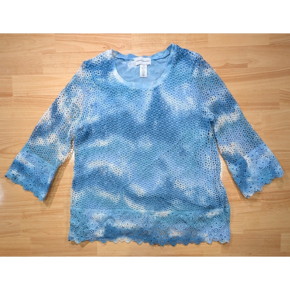Alfred Dunner Womens Blue Tie Dye Crochet Lace Trim Mesh Top Size L 3/4 Sleeve